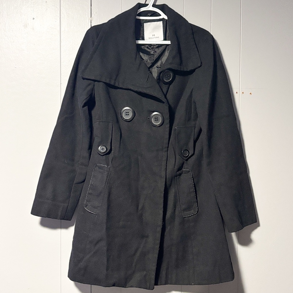 104. Seductions Black Wool Pea Coat (10% Wool)